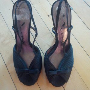 NINA Black Fabric Strappy High Heel Slingback Shoes Sandals with Bow Size 6.5